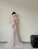 Ndyad Square Neck Mermaid Long Wedding Dresses Applique Tulle Bridal Gowns Short Sleeve Bridal Dresses HZ1024