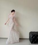 Ndyad Square Neck Mermaid Long Wedding Dresses Applique Tulle Bridal Gowns Short Sleeve Bridal Dresses HZ1024