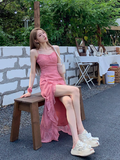 Ndyad Rose Print Ruffled Slit Suspender Maxi Dress HZ1024