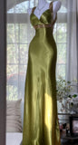 Ndyad V-neck Sheath Long Prom Dresses Silk Olive Green Evening Gowns with Open Back HZ1024