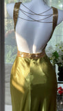 Ndyad V-neck Sheath Long Prom Dresses Silk Olive Green Evening Gowns with Open Back HZ1024