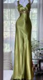 Ndyad V-neck Sheath Long Prom Dresses Silk Olive Green Evening Gowns with Open Back HZ1024