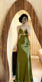 Ndyad V-neck Sheath Long Prom Dresses Silk Olive Green Evening Gowns with Open Back HZ1024