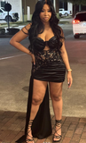 Ndyad Spaghetti Strap Tight Homecoming Dressses Satin Black Short Prom Dresses Applique Birthday Dresses HZ1024