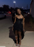 Ndyad Strapless Sheath Short Prom Dresses Black Homecoming Dressses Lace Sleeveless Birthday Dresses HZ1024