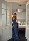 Ndyad V-neck Sheath Long Prom Dresses Fine Glitter Navy Blue Long Formal Dresses HZ1024