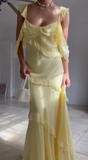 Ndyad Strap Sheath Long Prom Dresses Chiffon Yellow Long Formal Dresses Ruffle Wedding Guest Dresses HZ1024