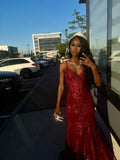 Ndyad Spaghetti Strap Mermaid Long Prom Dresses Sequin Burgundy New Year's Eve Dress Birthday Dresses HZ1024