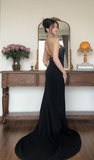 Ndyad Halter Sheath Long Prom Dresses Satin New Year's Eve Dress Black Formal Dresses HZ1024