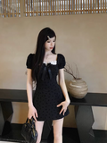 Evafashion A-line bow stitching black dress HZ1024