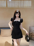 Evafashion A-line bow stitching black dress HZ1024