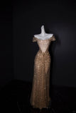 Ndyad Off-the-shoulder Sheath Long Prom Dresses Tulle Sequins Gold New Year's Evening Dresses Sparkly Birthday Dresses HZ1024