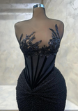 Ndyad Strapless Sheath Long Prom Dresses Tulle BeadedBlack New Year Evening Dresses HZ1024