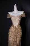 Ndyad Off-the-shoulder Sheath Long Prom Dresses Tulle Sequins Gold New Year's Evening Dresses Sparkly Birthday Dresses HZ1024