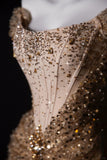 Ndyad Off-the-shoulder Sheath Long Prom Dresses Tulle Sequins Gold New Year's Evening Dresses Sparkly Birthday Dresses HZ1024
