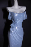 Ndyad Off-the-shoulder Sheath Long Prom Dresses Sequin Sparkly Blue Formal Dresses HZ1024