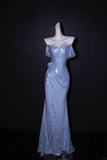 Ndyad Off-the-shoulder Sheath Long Prom Dresses Sequin Sparkly Blue Formal Dresses HZ1024