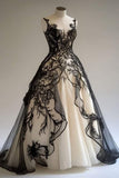 Ndyad V-neck Ball Gown Tulle Long Prom Dresses Black Lace Quinceanera Dresses Sweet 16 Dress HZ1024
