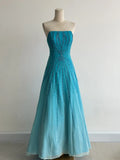 Ndyad Strapless A-Line Long Prom Dresses Beaded Chiffon Blue Formal Dresses Vintage Evening Dresses HZ1024