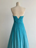 Ndyad Strapless A-Line Long Prom Dresses Beaded Chiffon Blue Formal Dresses Vintage Evening Dresses HZ1024