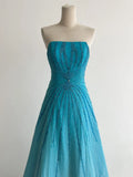 Ndyad Strapless A-Line Long Prom Dresses Beaded Chiffon Blue Formal Dresses Vintage Evening Dresses HZ1024