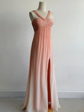 Ndyad V-neck Sheath Long Prom Dresses Vintage Chiffon Peach Evening Dress with Slits HZ1024