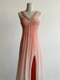 Ndyad V-neck Sheath Long Prom Dresses Vintage Chiffon Peach Evening Dress with Slits HZ1024