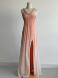 Ndyad V-neck Sheath Long Prom Dresses Vintage Chiffon Peach Evening Dress with Slits HZ1024