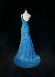 Ndyad Asymmetric Neck Mermaid Long Prom Dresses Vintage Tulle Sequin Blue Evening Dress Applique Sweet 16 Dress HZ1024