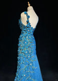 Ndyad Asymmetric Neck Mermaid Long Prom Dresses Vintage Tulle Sequin Blue Evening Dress Applique Sweet 16 Dress HZ1024