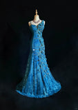Ndyad Asymmetric Neck Mermaid Long Prom Dresses Vintage Tulle Sequin Blue Evening Dress Applique Sweet 16 Dress HZ1024