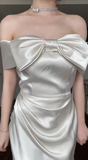 Ndyad Sheath White Formal Dresses Satin Off-the-shoulder Wedding Guest Dresses Cute Birthday Dresses HZ1024