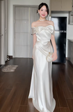 Ndyad Sheath White Formal Dresses Satin Off-the-shoulder Wedding Guest Dresses Cute Birthday Dresses HZ1024