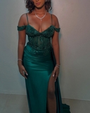 Ndyad Sheath Green Formal Dresses Satin Applique Long Prom Dresses with Slits HZ1024