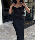 Ndyad Strapless Sheath Long Prom Dresses Satin Black Evening Dresses HZ1024