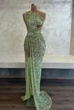 Ndyad Asymmetric Sheath Long Prom Dresses Tulle Sequins Green Evening Dresses with Slits HZ1024