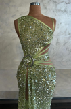 Ndyad Asymmetric Sheath Long Prom Dresses Tulle Sequins Green Evening Dresses with Slits HZ1024