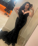 Ndyad V-neck Mermaid Long Prom Dresses Tulle Sequin Black Evening Dresses HZ1024