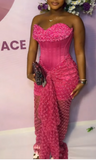 Ndyad Sweetheart Sheath Long Prom Dresses Beaded Tulle Fuchsia Evening Dresses HZ1024
