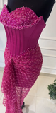Ndyad Sweetheart Sheath Long Prom Dresses Beaded Tulle Fuchsia Evening Dresses HZ1024