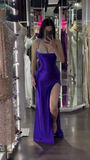 Ndyad Rhinestone Sheath Long Prom Dresses Satin Purple Evening Dresses with Slits HZ1024