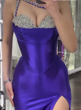Ndyad Rhinestone Sheath Long Prom Dresses Satin Purple Evening Dresses with Slits HZ1024