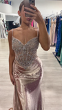 Ndyad Spaghetti Strap Sheath Long Prom Dresses Satin New Year's Eve Dresses with Slits HZ1024