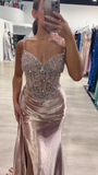 Ndyad Spaghetti Strap Sheath Long Prom Dresses Satin New Year's Eve Dresses with Slits HZ1024