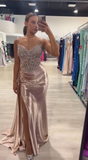Ndyad Spaghetti Strap Sheath Long Prom Dresses Satin New Year's Eve Dresses with Slits HZ1024