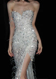 Ndyad Sweetheart Mermaid Long Prom Dresses Sequined White Evening Dresses with Slits HZ1024
