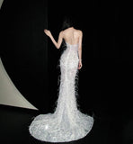 Ndyad Sweetheart Mermaid Long Prom Dresses Sequined White Evening Dresses with Slits HZ1024