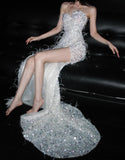 Ndyad Sweetheart Mermaid Long Prom Dresses Sequined White Evening Dresses with Slits HZ1024