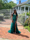 Ndyad Spaghetti Strap Sheath Long Prom Dresses Feather Applique Green Evening Dresses with Slits HZ1024