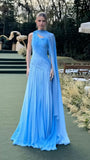 Ndyad Sheath Long Prom Dresses Chiffon Blue Evening Dresses Elegant Wedding Guest Dresses HZ1024